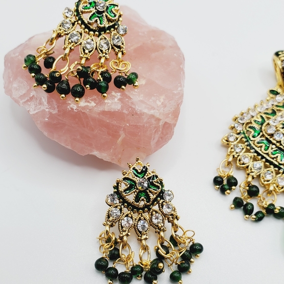 3 PC set Indian bohemian wedding kundan gold emerald jadau earrings necklace set - Picture 13 of 16